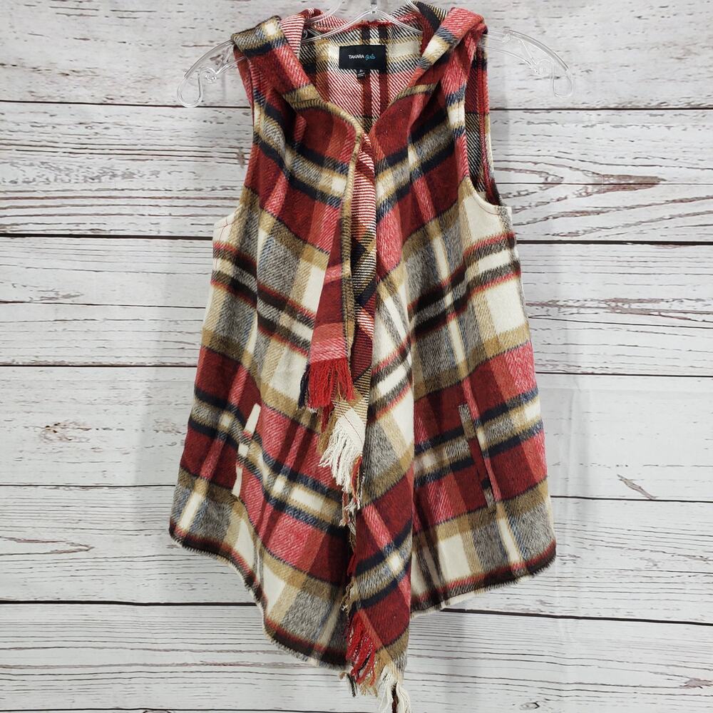 Takara Girls New Red Plaid Hooded Vest Poncho Size Medium - Picture 2 of 10